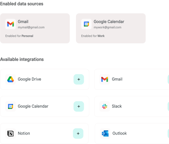 Himala interface showing enabled data sources Gmail and Google Calendar, with available integrations Google Drive, Slack, and Calendar