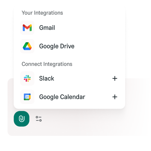 Himala AI interface showing options to search the web and integrations like Gmail, Google Drive, Google Calendar, Slack, and Outlook