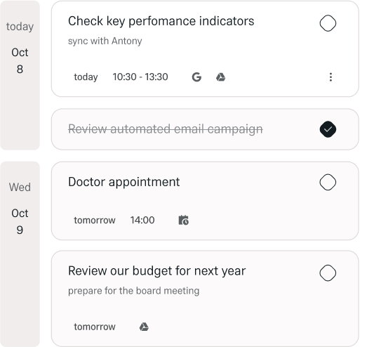 Himala interface displaying a task list with scheduled tasks and completed tasks, including calendar events