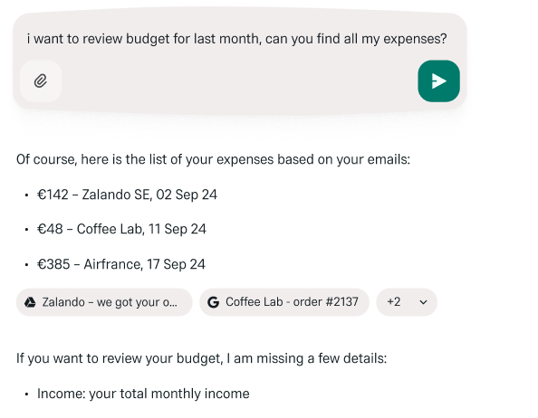 Himala interface responding to a query about reviewing expenses, showing a list of expenses retrieved from emails